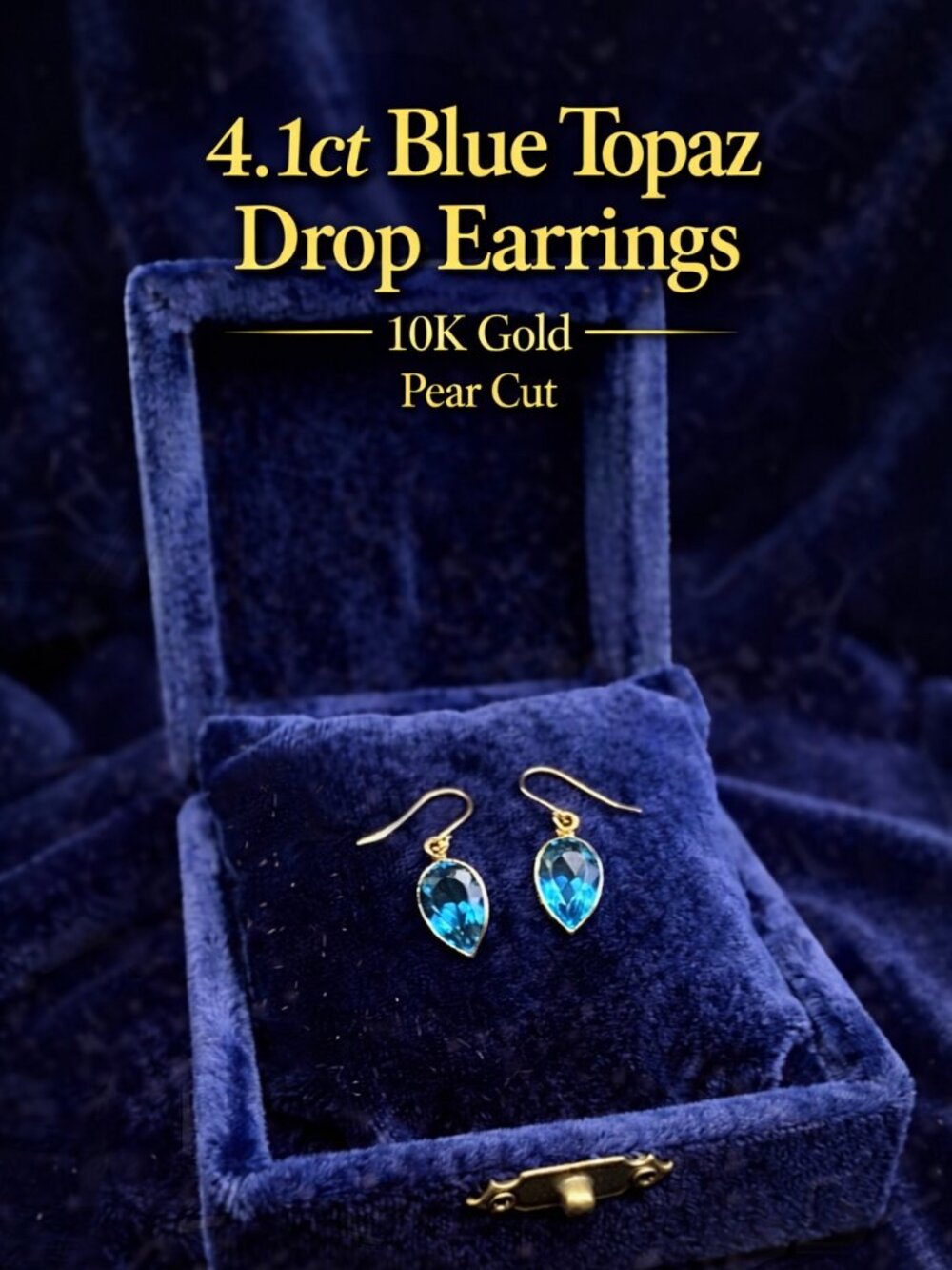 Blue Topaz Drop Earrings 4.1ct, 10K Gold Topaz Earrings, Pear Cut Blue Gemstone